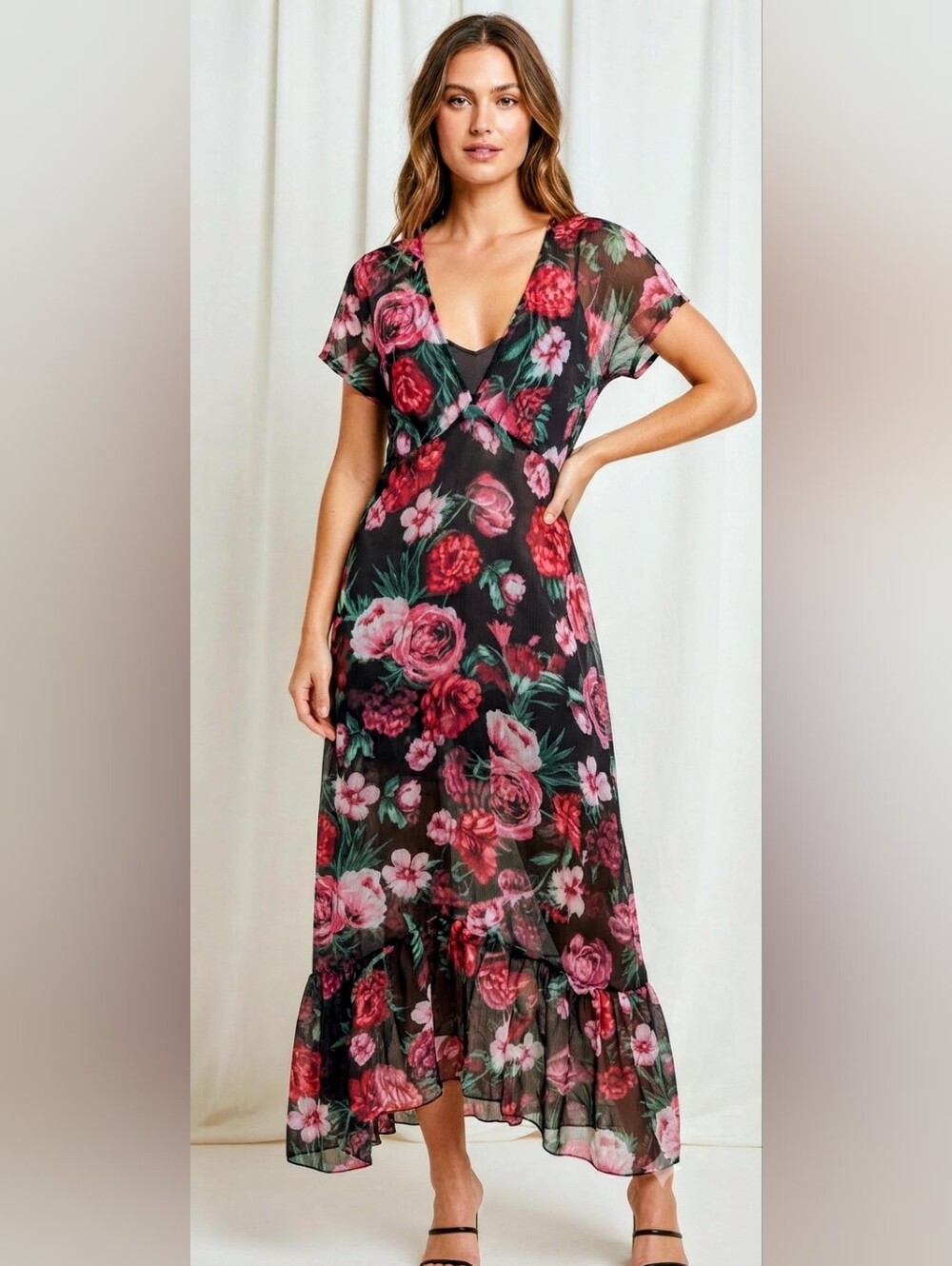 Stradivarius Floral Chiffon Maxi Dress Size M NWOT